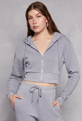 Womens Fleece Solid Cropped Zip Front Hoodie, Grey, Size M