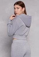 Womens Fleece Solid Cropped Zip Front Hoodie, Grey, Size L