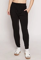 Womens Fleece High Waisted Drawstring Joggers, Black, Size L