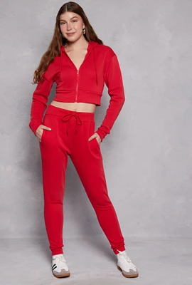 Womens Fleece High Waisted Drawstring Joggers, Red, Size M
