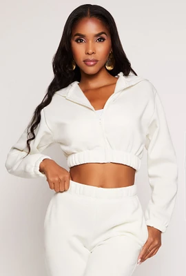 Womens Zip Front Hooded Cropped Sweatshirt, White, Size M