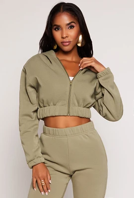 Womens Zip Front Hooded Cropped Sweatshirt, Green, Size L