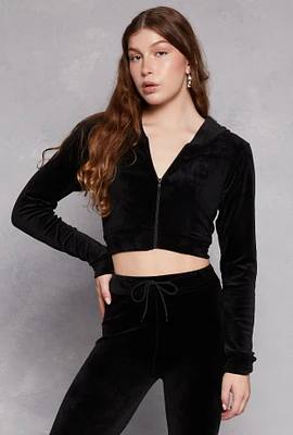 Womens Velour Front Zip Cropped Hoodie, Black, Size M