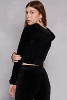 Womens Velour Front Zip Cropped Hoodie, Black, Size M