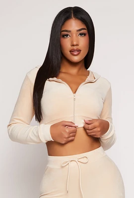 Womens Velour Front Zip Cropped Hoodie, Beige, Size L