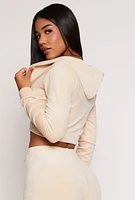 Womens Velour Front Zip Cropped Hoodie, L