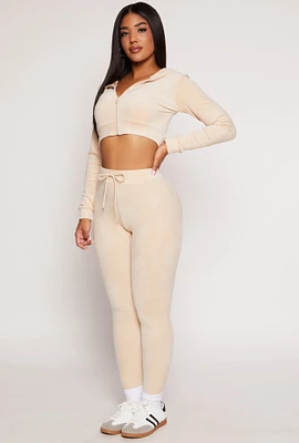 Womens Velour Drawstring High Waisted Leggings, Khaki, Size M