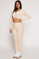 Womens Velour Drawstring High Waisted Leggings, Khaki, Size M