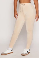 Womens Velour Drawstring High Waisted Leggings, Khaki, Size M