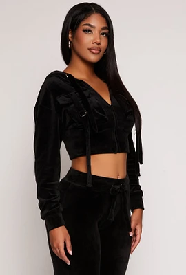 Womens Velour Flap Pocket Cropped Zip Front Hoodie, Black, Size M