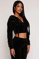 Womens Velour Flap Pocket Cropped Zip Front Hoodie, Black, Size M