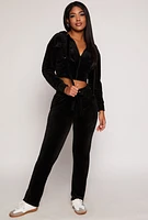 Womens Velour Flap Pocket Cropped Zip Front Hoodie, Black, Size M