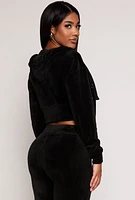 Womens Velour Flap Pocket Cropped Zip Front Hoodie, Black, Size M
