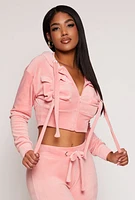 Womens Velour Flap Pocket Cropped Zip Front Hoodie, Pink, Size S