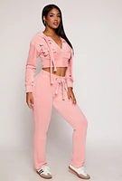 Womens Velour Flap Pocket Cropped Zip Front Hoodie, Pink, Size S