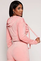 Womens Velour Flap Pocket Cropped Zip Front Hoodie, Pink, Size S