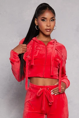 Womens Velour Flap Pocket Cropped Zip Front Hoodie, Red, Size L