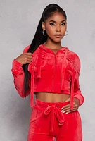 Womens Velour Flap Pocket Cropped Zip Front Hoodie, Red, Size L