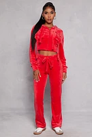 Womens Velour Flap Pocket Cropped Zip Front Hoodie, Red, Size L