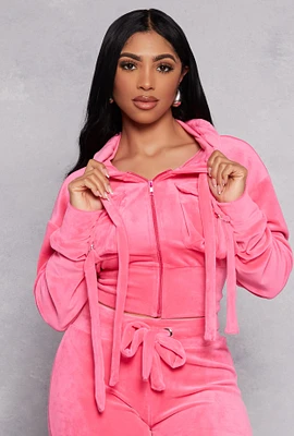Womens Velour Flap Pocket Cropped Zip Front Hoodie,