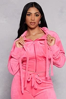 Womens Velour Flap Pocket Cropped Zip Front Hoodie,