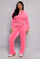 Womens Velour Flap Pocket Cropped Zip Front Hoodie,