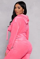 Womens Velour Flap Pocket Cropped Zip Front Hoodie,