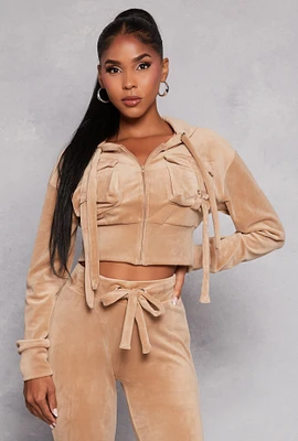Womens Velour Flap Pocket Cropped Zip Front Hoodie, S