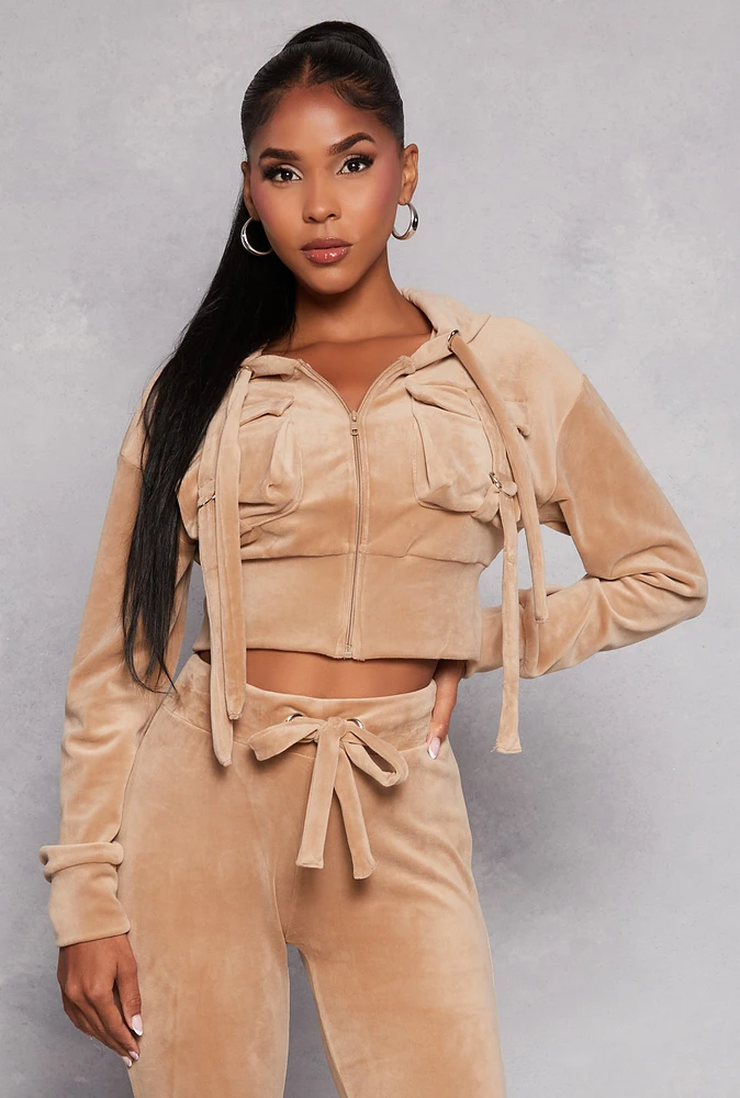 Womens Velour Flap Pocket Cropped Zip Front Hoodie, Beige, Size S
