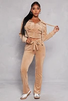 Womens Velour Flap Pocket Cropped Zip Front Hoodie, Beige, Size S