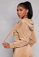 Womens Velour Flap Pocket Cropped Zip Front Hoodie, S