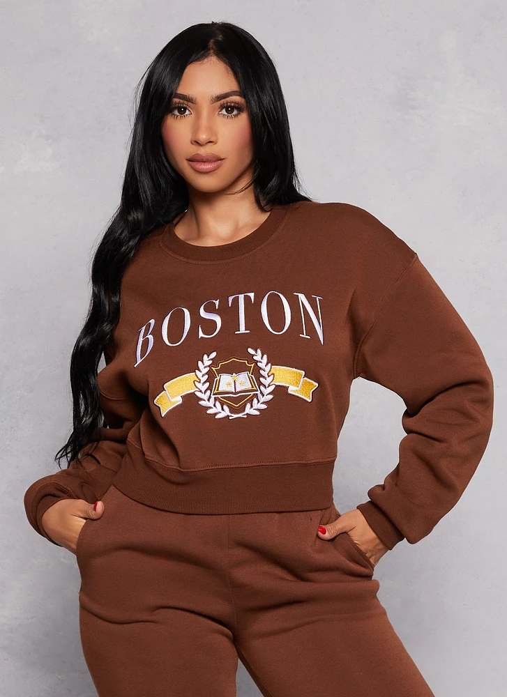Womens City Graphic Embroidered Pullover Sweatshirt, Brown, Size M