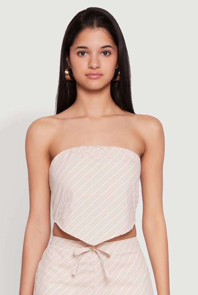 Womens Cropped Pinstripe Tube Top, Beige, Size S