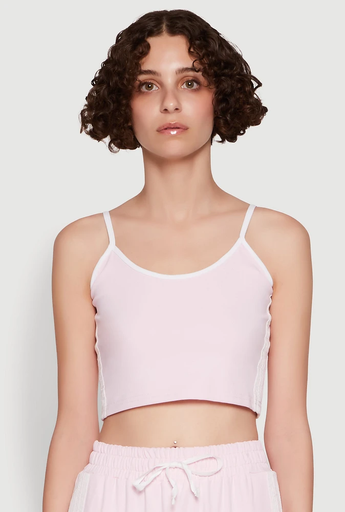 Womens Stylish Contrast Trim Cropped Cami with Varsity Stripes,