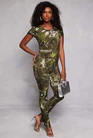 Womens Printed Crew Neck Short Sleeve Top, Green, Size M