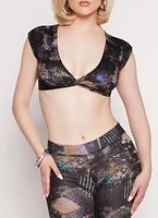 Womens Printed Twist Front Crop Top, Multi, Size L