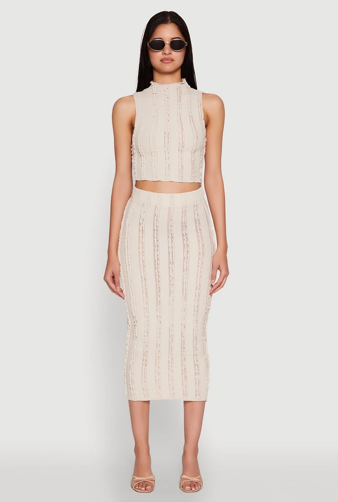 Womens Textured Knit High Waisted Midi Skirt, Khaki, Size M