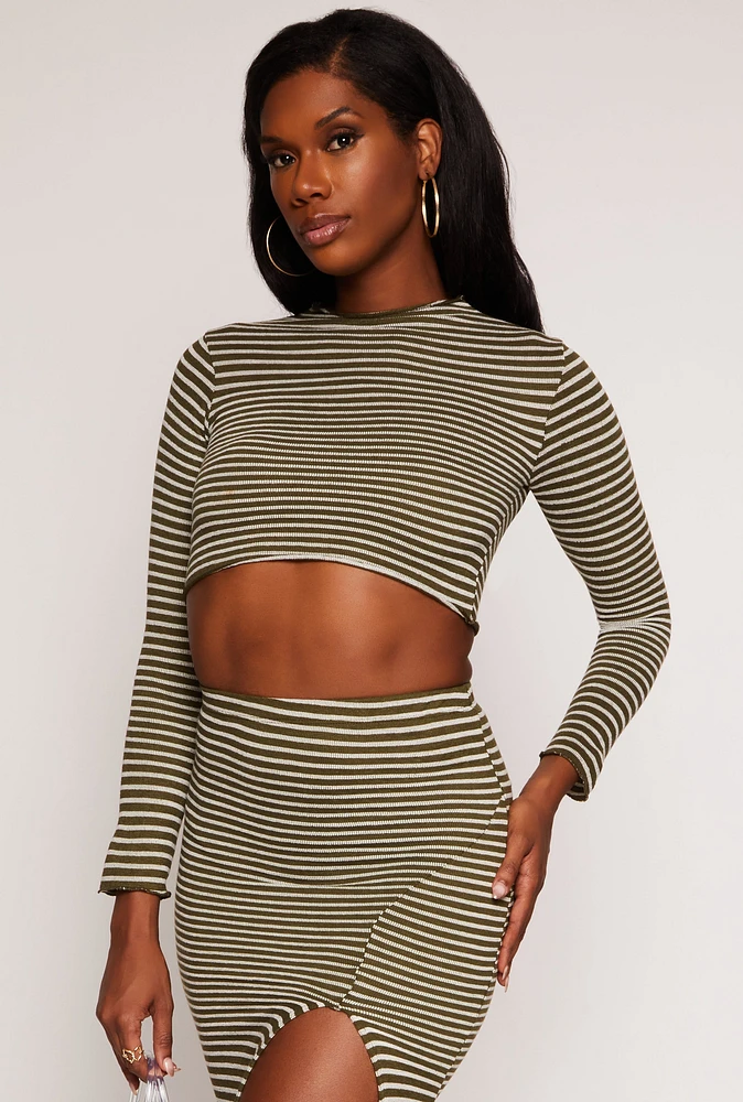 Womens Striped Rib Knit Lettuce Edge Crop Top,