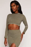 Womens Striped Rib Knit Lettuce Edge Crop Top,