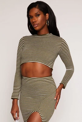 Womens Striped Rib Knit Lettuce Edge Crop Top, Green,