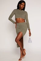 Womens Striped Rib Knit Lettuce Edge Crop Top,
