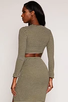 Womens Striped Rib Knit Lettuce Edge Crop Top,