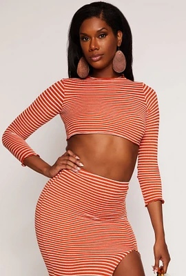 Womens Striped Rib Knit Lettuce Edge Crop Top, Orange, Size S