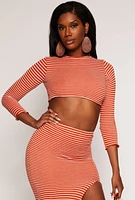Womens Striped Rib Knit Lettuce Edge Crop Top, Orange, Size S