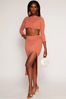 Womens Striped Rib Knit Lettuce Edge Crop Top, Orange, Size S