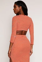 Womens Striped Rib Knit Lettuce Edge Crop Top, Orange, Size S