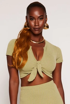Womens Ribbed Tie Front Crop Top, Green, Size S