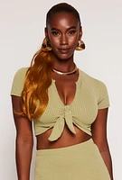 Womens Ribbed Tie Front Crop Top, Green, Size S