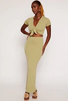 Womens Ribbed Tie Front Crop Top, Green, Size S