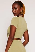 Womens Ribbed Tie Front Crop Top, Green, Size S